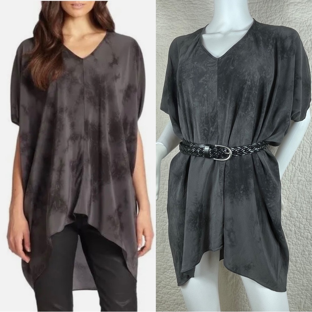 🔥Eileen Fisher 100% Silk Tie Dye Gray Oversized Mini Tunic Top Size XS